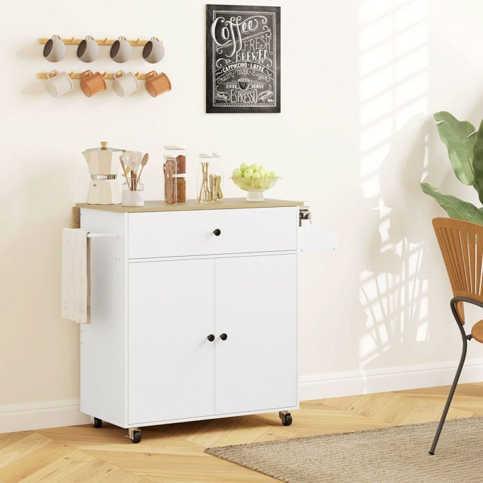 Carrito de cocina con ruedas - HOMCOM - cajón, estante ajustable, especiero y toallero - blanco