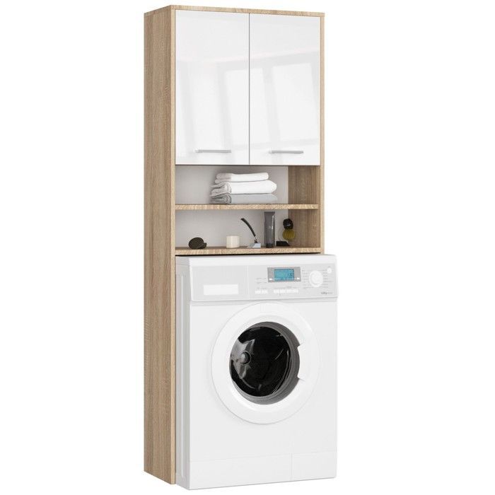 Armoire pour machine à laver 64x30x180cm - Meuble SDB- Meuble de rangement buanderie 2 portes et 4 étagères - Sonoma+Blanc laqué
