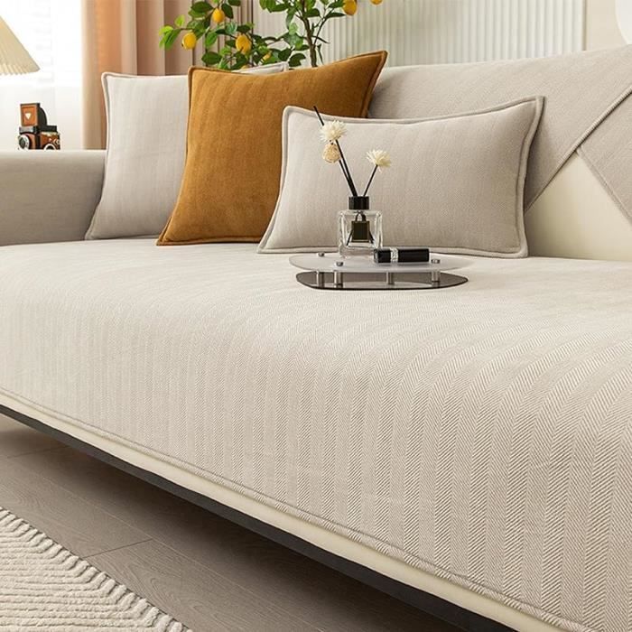 Funda de sofá - AUTREMENT - Chevron Chenille - Beige - 70x70 cm - Lavable a máquina
