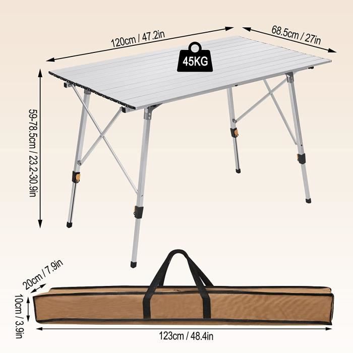 Mesa plegable de aluminio para camping y picnic WOLTU, altura ajustable, 120 x 68,5 cm.