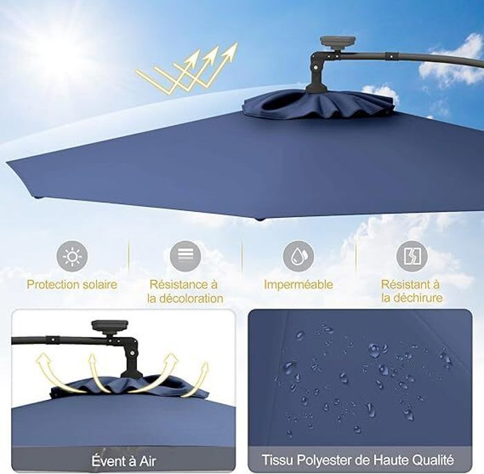 Tuinparasol voor buiten -RELAX4LIFE- 3M - 360° draaibaar - 32 LED's op zonne-energie - Zwevende parasol met slinger - 8 baleinen - Donkerblauw