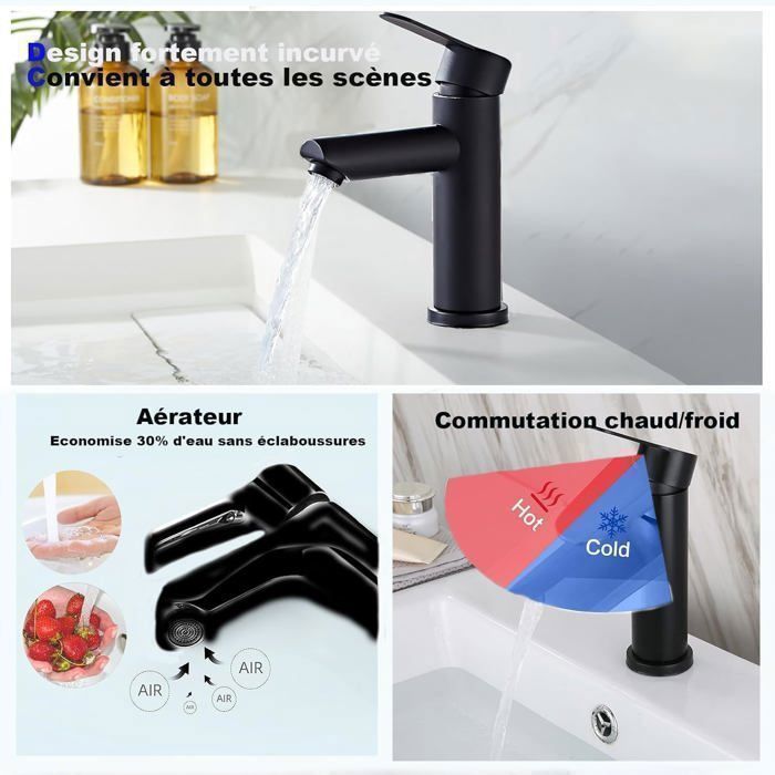 Black hot and cold bathroom and basin taps, single lever black basin mixer tap, countertop bathroom sink tap