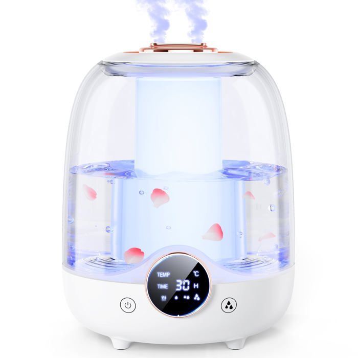 Humidificadores de 3 litros para dormitorios: 30 horas de autonomía, ultrasilenciosos (20 dB), doble boquilla.
