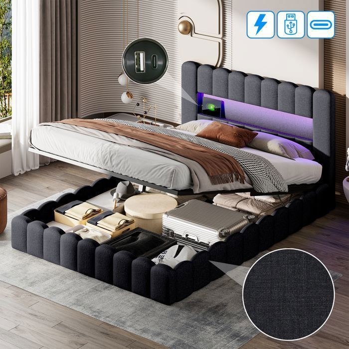Letto contenitore 180 x 200 cm, letto 180x200 con rete a doghe, con porta USB e luce LED, letto matrimoniale, letto imbottito, struttura letto, biancheria, grigio
