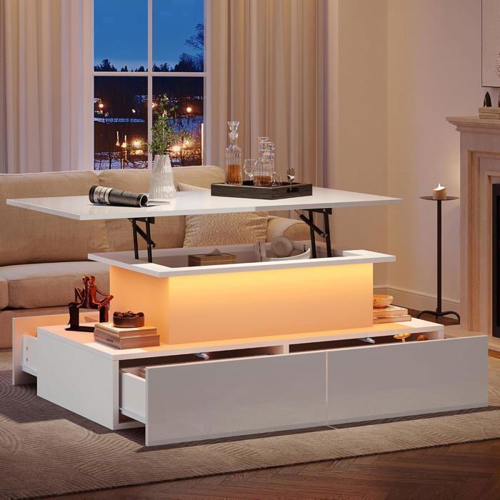 Tavolino da caffè con piano sollevabile e illuminazione a LED, 90 x 55 x 41 cm, lucido, con 4 cassetti e vano portaoggetti nascosto - Bianco