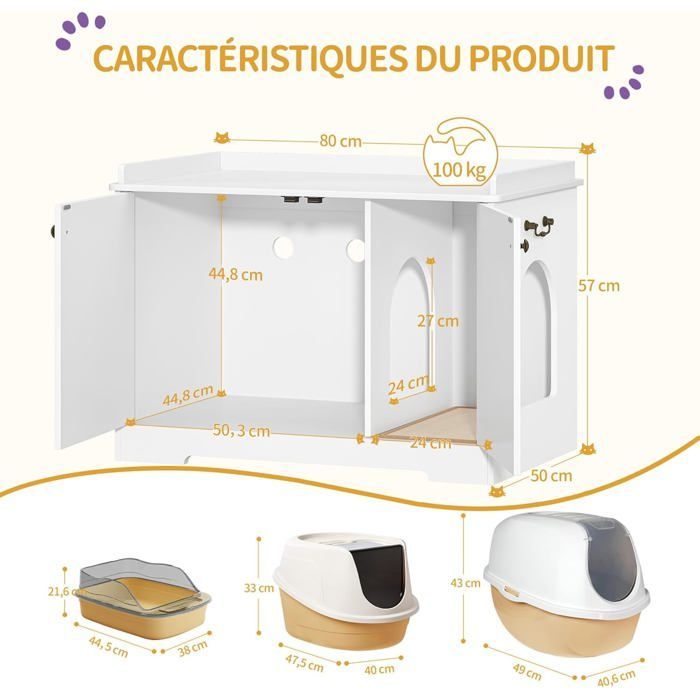 Katzentoilette, Katzentoilettenschrank mit Griffen, Aufbewahrungseinheit für Katzentoiletten, Haustierhaus, 50 x 80 x 57 cm, Weiß
