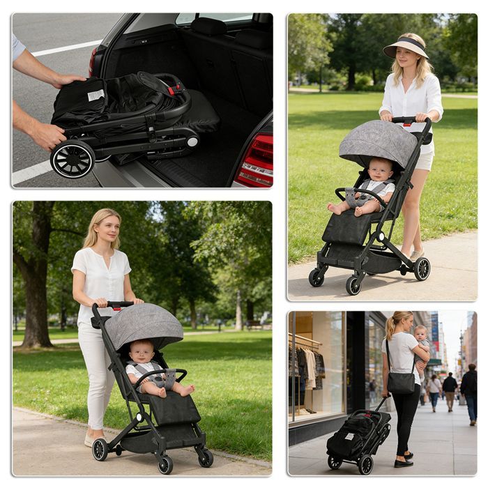 Compact Stroller, Baby up to 22 kg, Ultra Lightweight, Automatic Folding, Reclining Backrest, Cabin Size, Grey