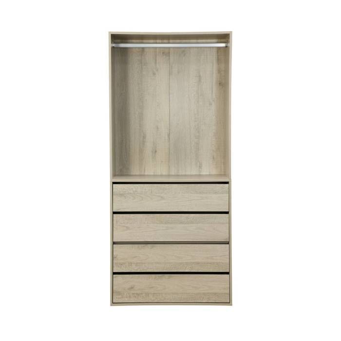 Roupeiro com 4 gavetas e 1 varão para pendurar roupa, em painéis laminados na cor natural.