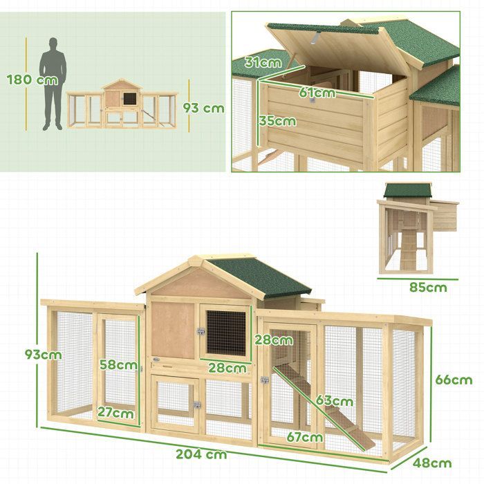 Pollaio - PawHut - modello chalet - completamente attrezzato: rampe, nidi, posatoi, vassoio per escrementi, finestra, porte - legno massello
