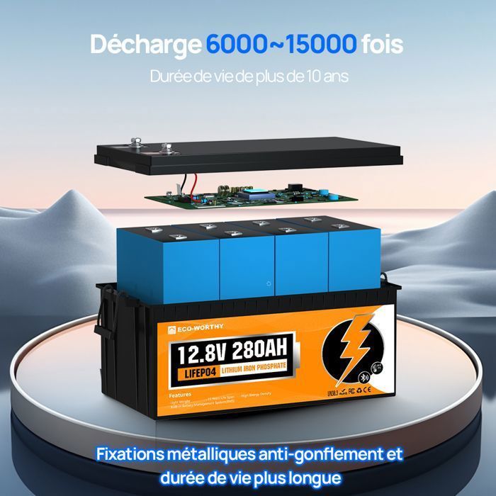ECO-WORTHY 12V 280Ah Lithium LiFePO4 Battery with Bluetooth + 12V 20A / 24V 10A Battery Charger, Vehicle Battery for Motorhomes