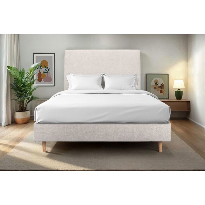 Base de cama estofada em tecido bege claro, 160x200 cm, 35 cm de altura, para uma noite de sono perfeita - Base de cama em madeira maciça com pés de madeira afilados de 15 cm