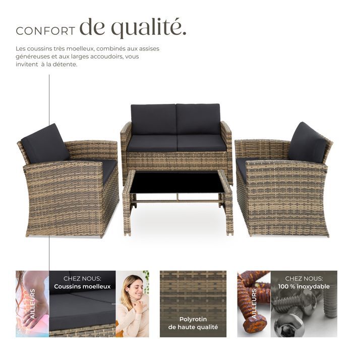 Muebles de jardín - TECTAKE - JESOLO Conjunto de salón de exterior con sofá y 2 sillones (4 plazas) con mesa - Marrón natural/Gris oscuro
