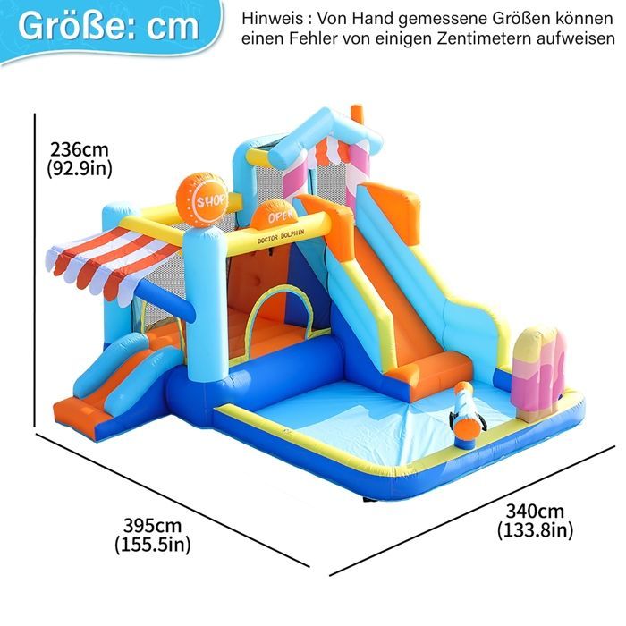 Château gonflable pour enfants, parc aquatique extérieur + trampoline, toboggan, fontaine, magasin de pistolets à eau, auvent