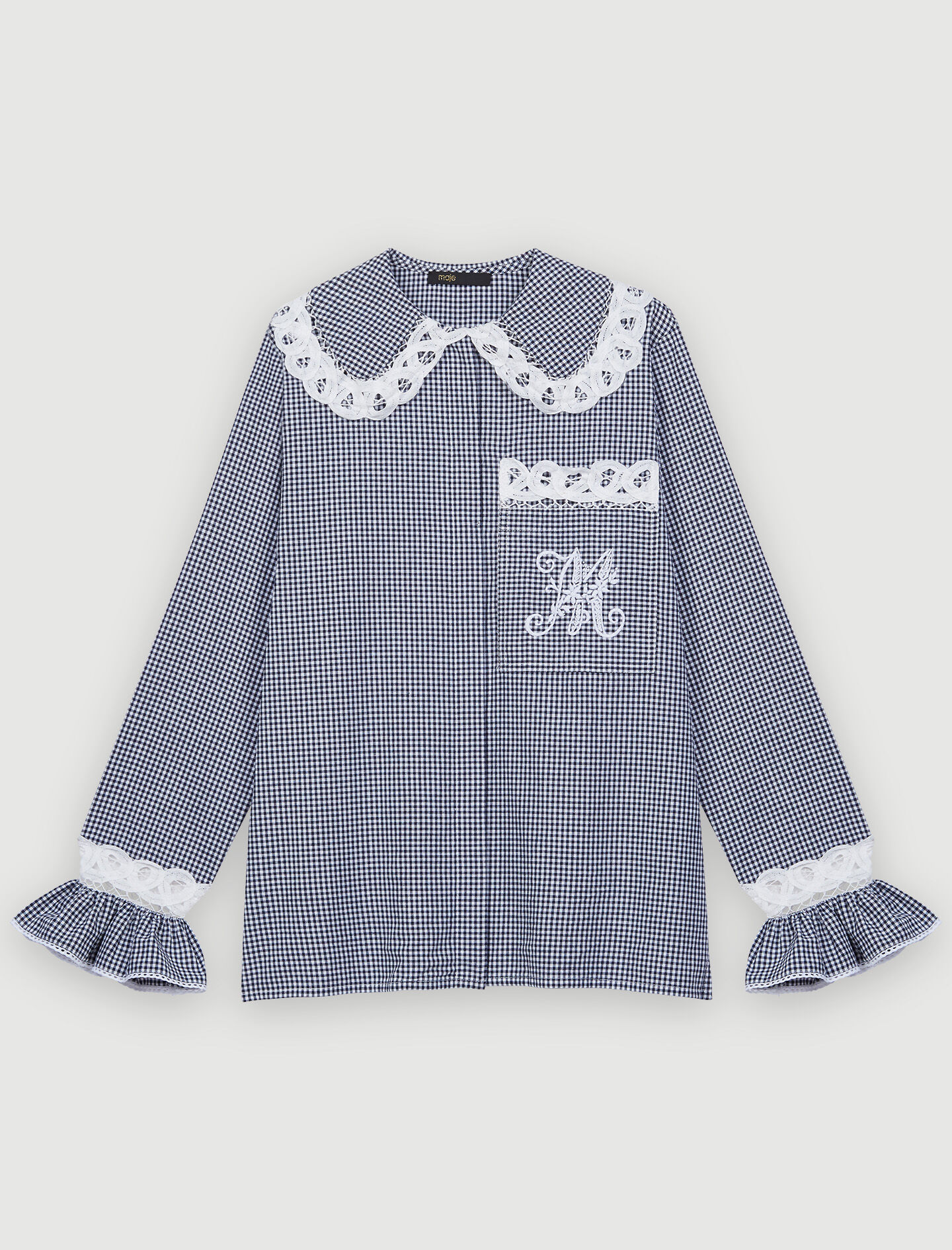 Gingham en kanten overhemd - Marineblauw/Ecru