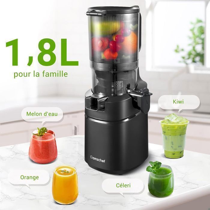 AMZCHEF Slowjuicer, 135 mm vulopening en 1,8 liter inhoud, sapcentrifuge voor hele groenten en fruit, 250W