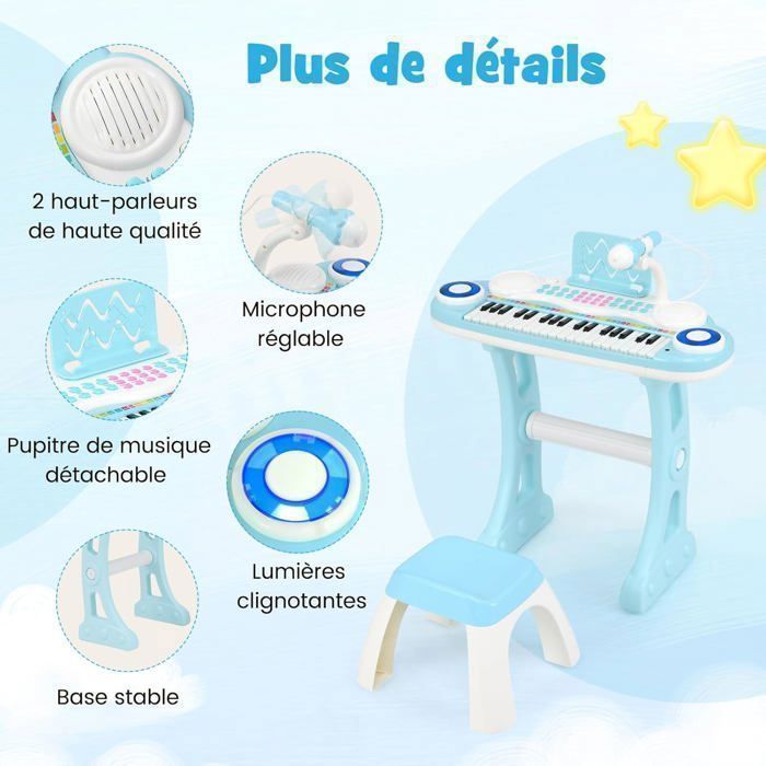 Piano electrónico infantil COSTWAY de 37 teclas con taburete - 4 sonidos de percusión - 8 ritmos - Micrófono - Luz intermitente - Azul