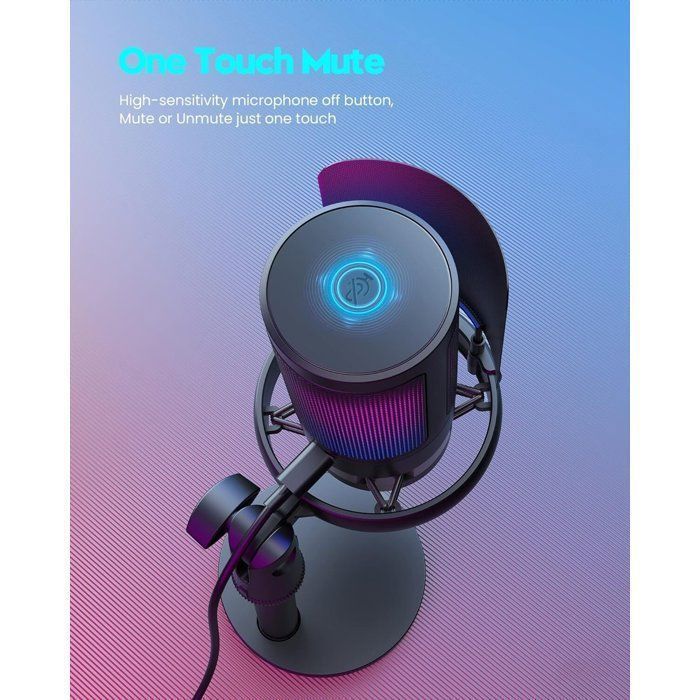 USB microphone, one-touch mute, volume control button, RGB light effect, for gaming, podcasts, and production.