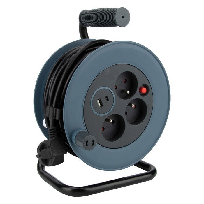 Carrete de cable compacto con 3 tomas + 2 puertos USB C/A, 12 m - Gris - Zenitech