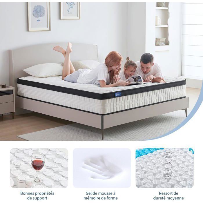 slily Mattress 160x200 Thickness 26cm, Hybrid Mattress Memory Foam Pocket Springs 7 Zones, Hypoallergenic, Firm