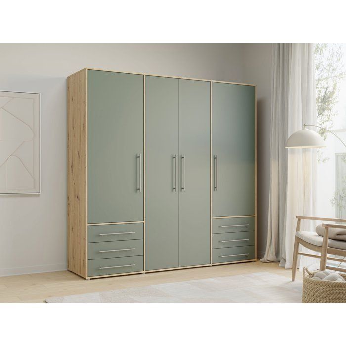 Armoire de chambre - MOKKARO - Décor Vert Sauge et chêne - 4 portes battantes - 6 tiroirs - L205,9 x P53 x H200 cm