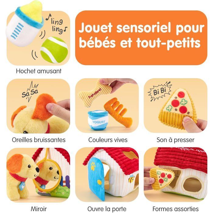Juguete para bebés de 6 a 12 meses: Set de perro de peluche sensorial - Juguete Montessori para niños con sonajero, sonido crujiente y espejo.