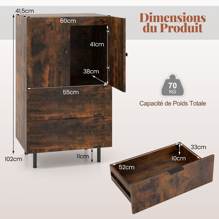 Armario de almacenamiento COSTWAY con cajones, 2 puertas, patas de metal, mueble pequeño para dormitorio, sala de estar, cocina, marrón.