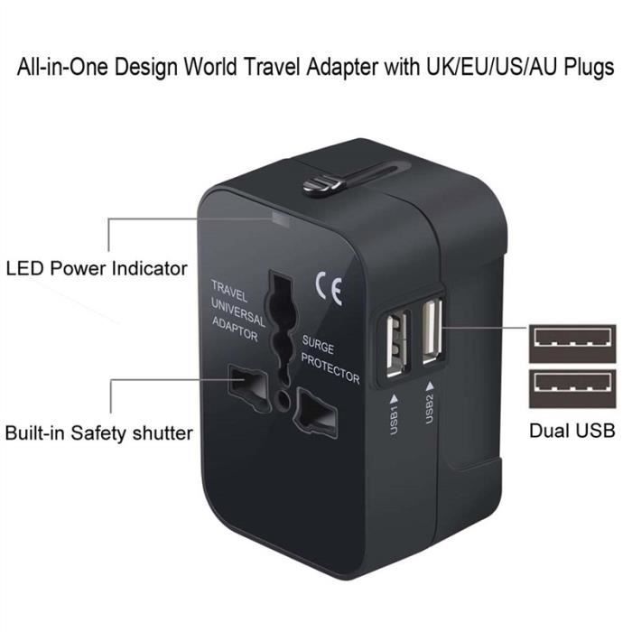 Cargador adaptador de viaje universal, compatible con EE. UU., UE, Reino Unido y Australia, con 2 puertos USB para cámaras, teléfonos móviles, tabletas y iPads, color negro.