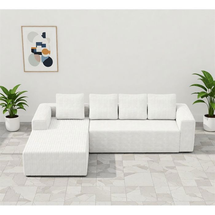DRIPEX Canapé modulable Cloud avec méridienne en L,Canapé en tissu velours côtelé moelleux avec 4 coussins,Blanc,261×168×58cm