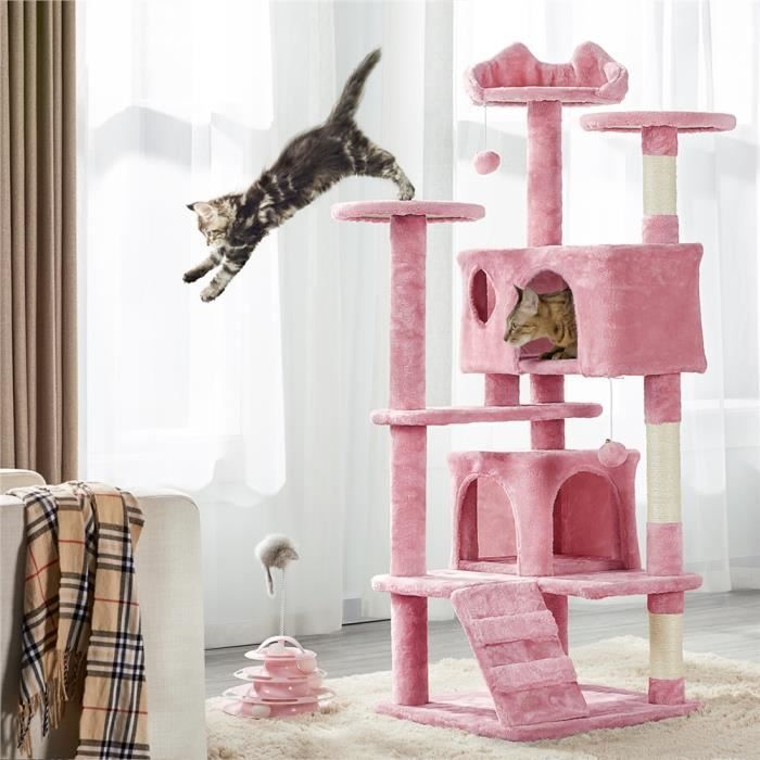 Arbre à Chat Rose - Yaheetech - Hauteur 138,5cm - 2 Niches 3 Plateformes 2 Boules Sisal Naturel - Arbre à Grimper Multi- 3-4 Chats