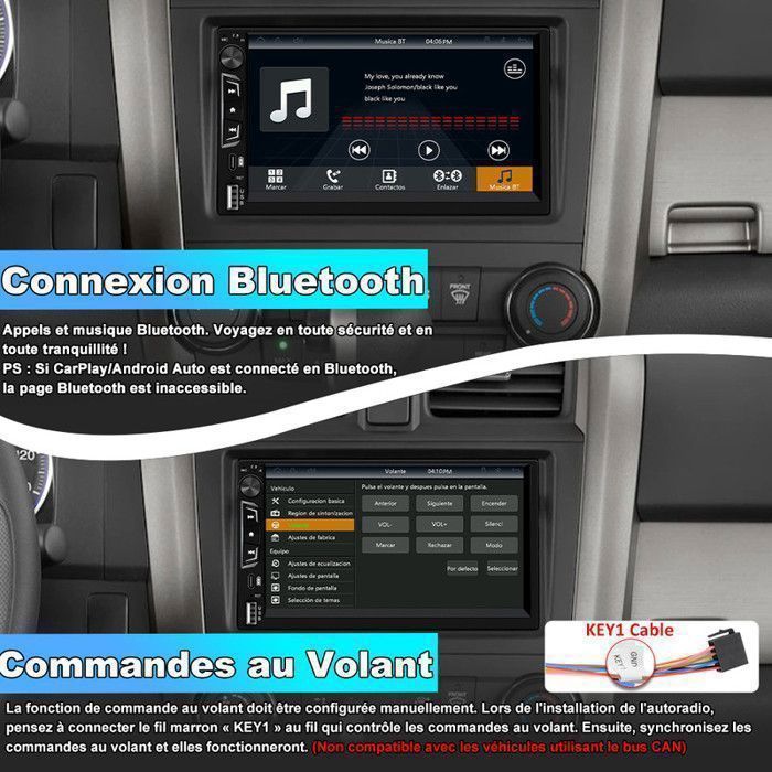 Autorradio AWESAFE 2 Din con CarPlay, Android Auto, conexión inalámbrica, pantalla táctil IPS de 7 pulgadas, Bluetooth, GPS, puerto USB tipo C, USB, entrada auxiliar y cámara de visión trasera.