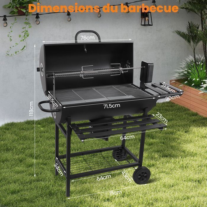 Barbecue Charbon de Bois avec Tournebroche Électrique, Chariot avec Couvercle,Thermomètre, 2 Tablettes Pliantes, Tiroir à Cendres