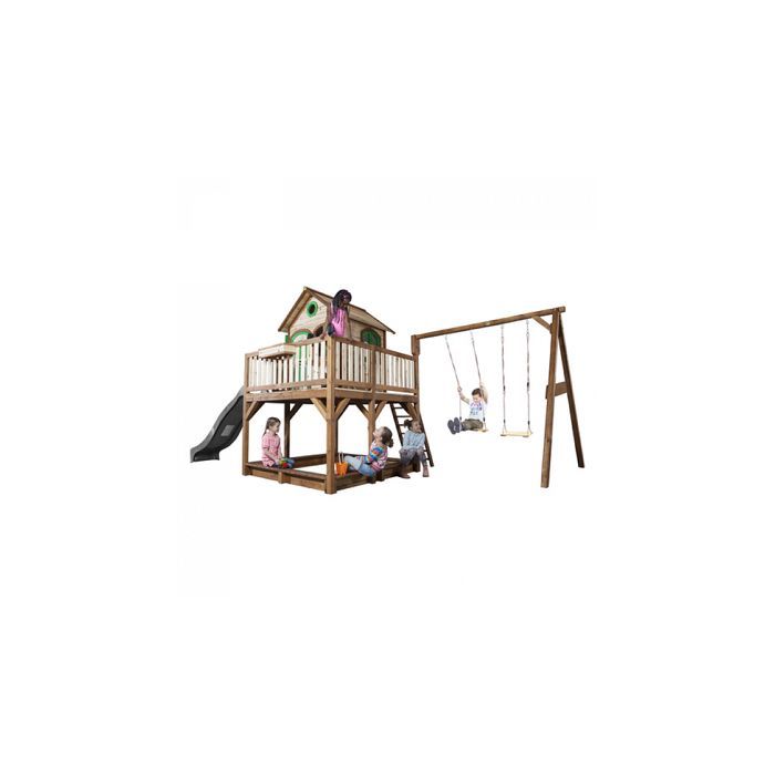 Casita de juegos infantil AXI Liam con arenero, 2 columpios y tobogán, gris | Zona de juegos exterior en marrón y verde