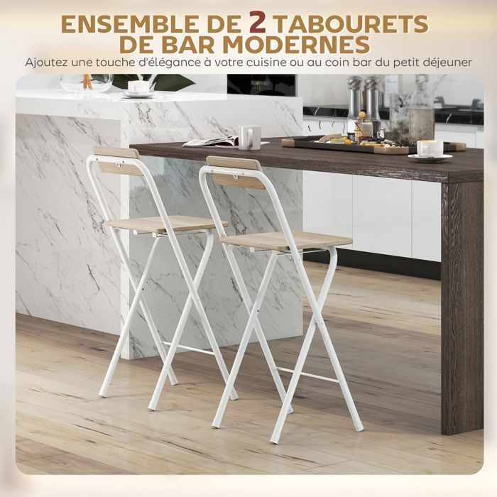 Lot de 2 tabourets de bar - HOMCOM - pliables - dossier et repose-pieds - cadre en acier - 87 cm de haut - effet bois naturel