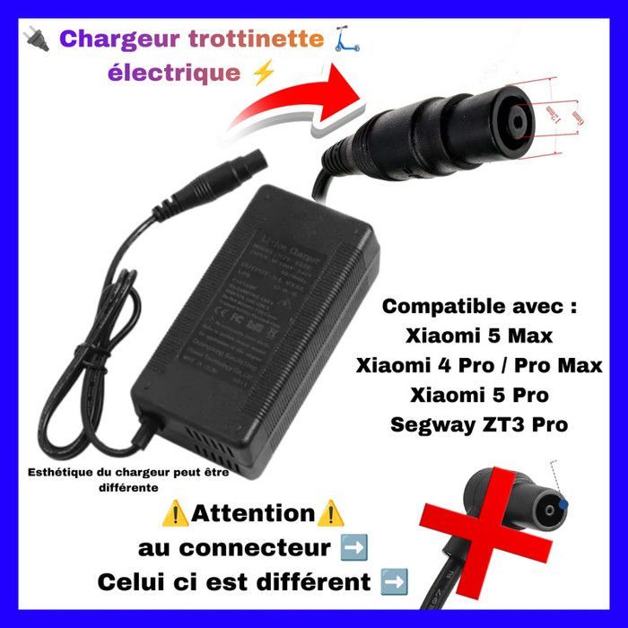 Cargador para patinetes eléctricos Xiaomi 5 Max, Xiaomi 4 Pro, Xiaomi 4 Pro Max, Xiaomi 5 Pro y Segway ZT3 Pro.