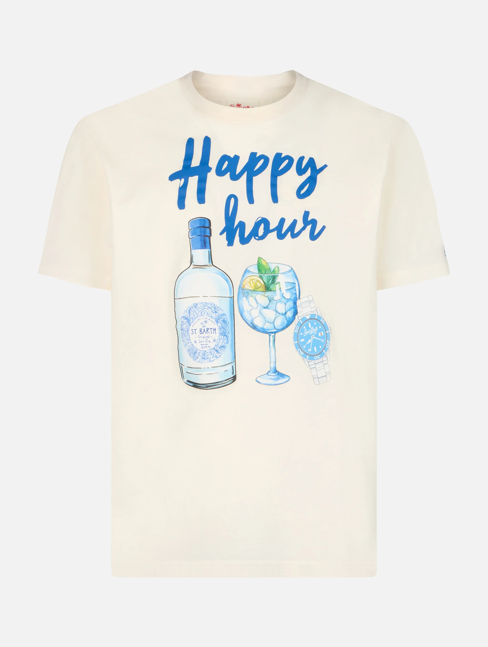 Heren katoenen T-shirt met Happy Hour-print.