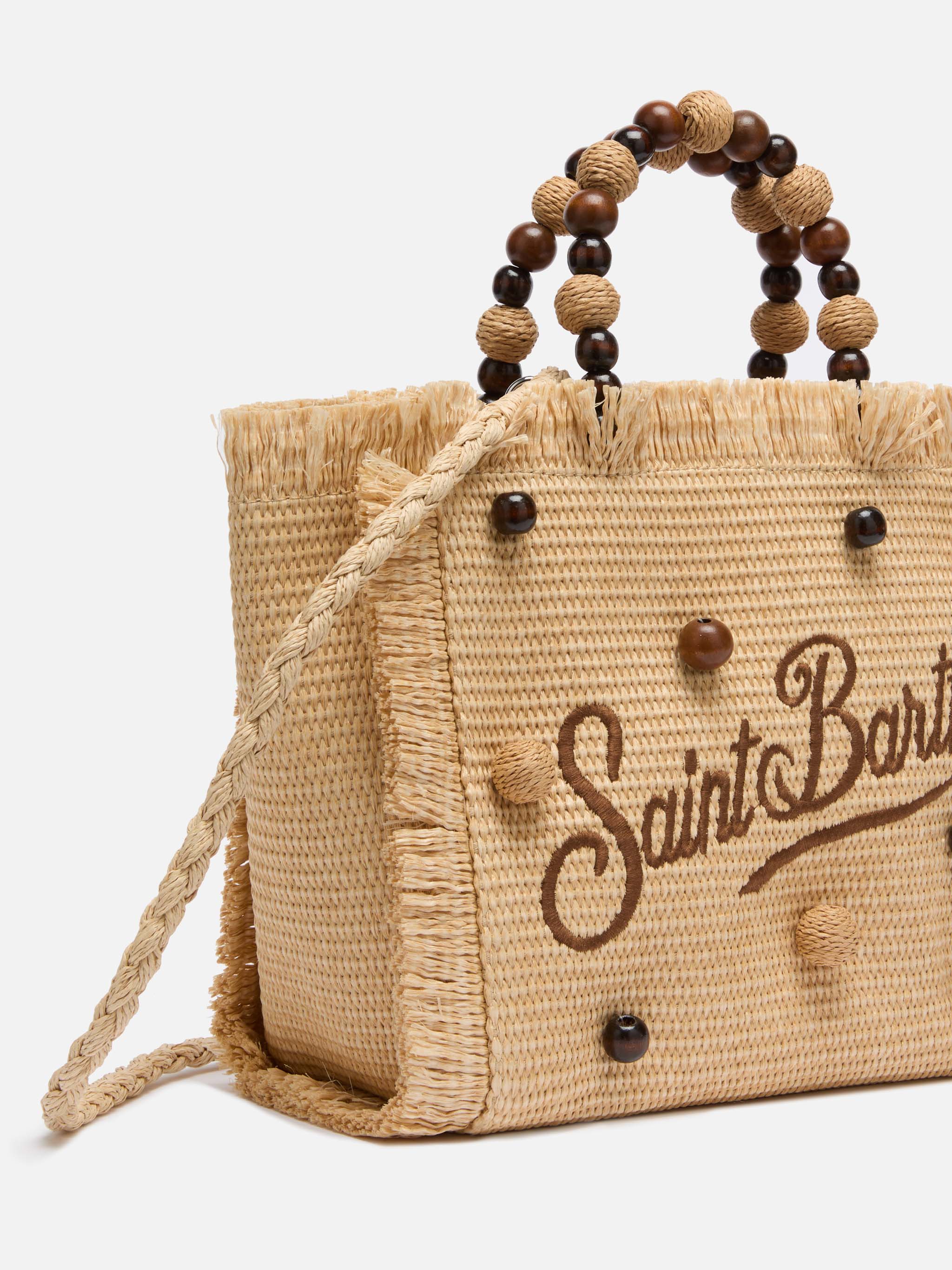 Sac Colette effet paille avec perles en bois et logo brodé