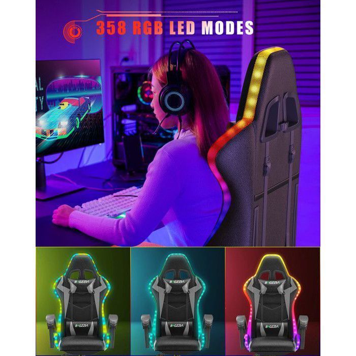 Silla gaming con efectos de iluminación LED, sillón con soporte lumbar y reposacabezas, respaldo regulable en altura, color gris.