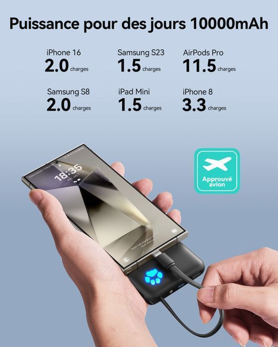 Bateria externa INIU, Power Bank PD de 45W e 10000mAh com cabos USB-C integrados, carregamento rápido para iPhone, Samsung, etc.