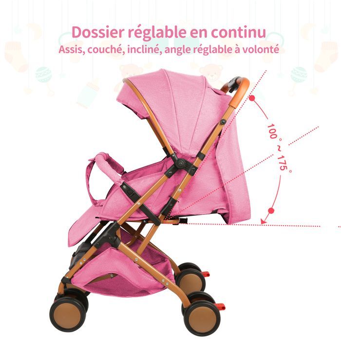 Cochecito MIPAN ligero y compacto - Cochecito de viaje plegable - Reclinable - Con capota y mosquitera + arnés de 5 puntos - Rosa