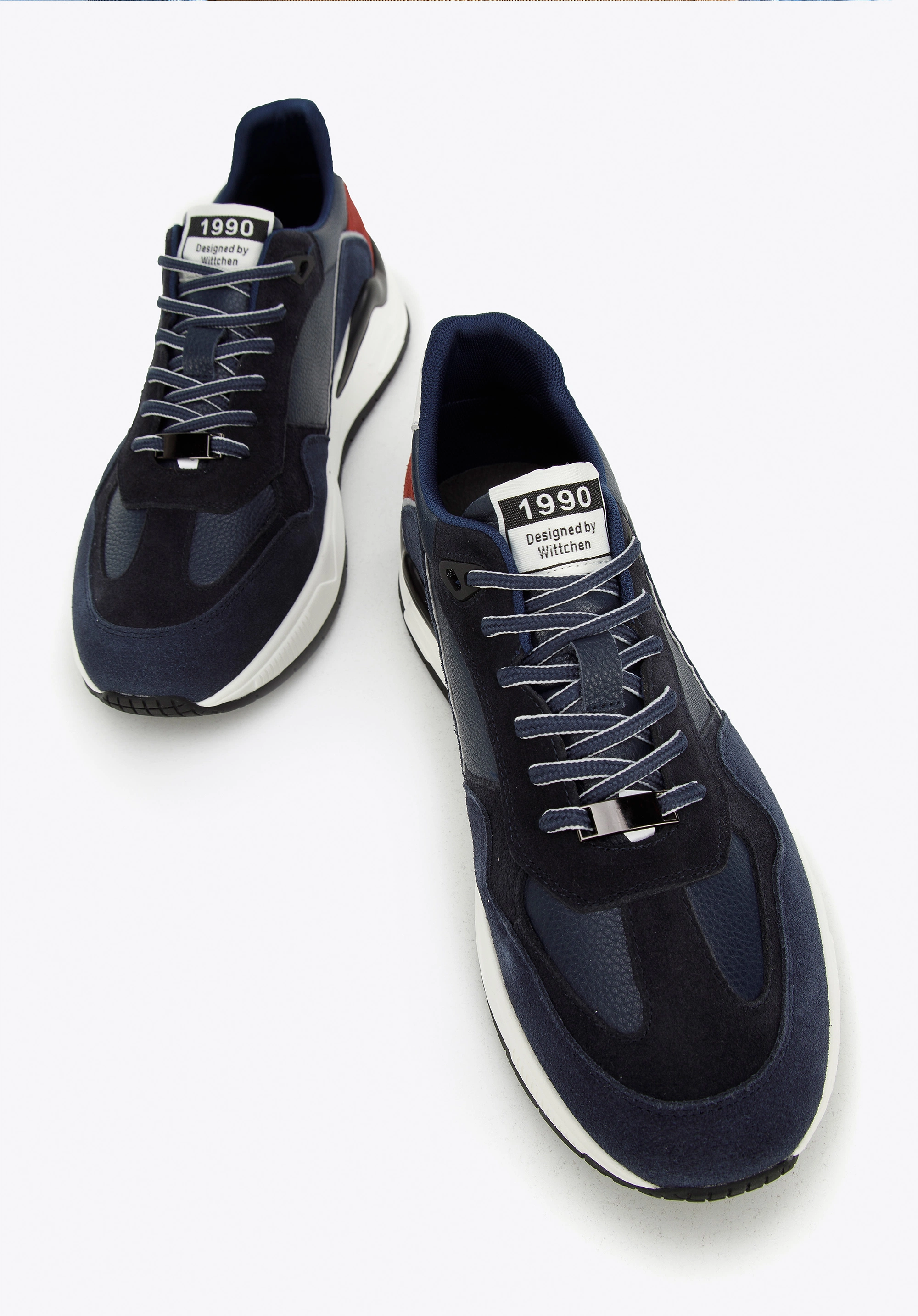 Męskie sneakersy skórzane z motywem w jodełkę niebiesko-czerwone