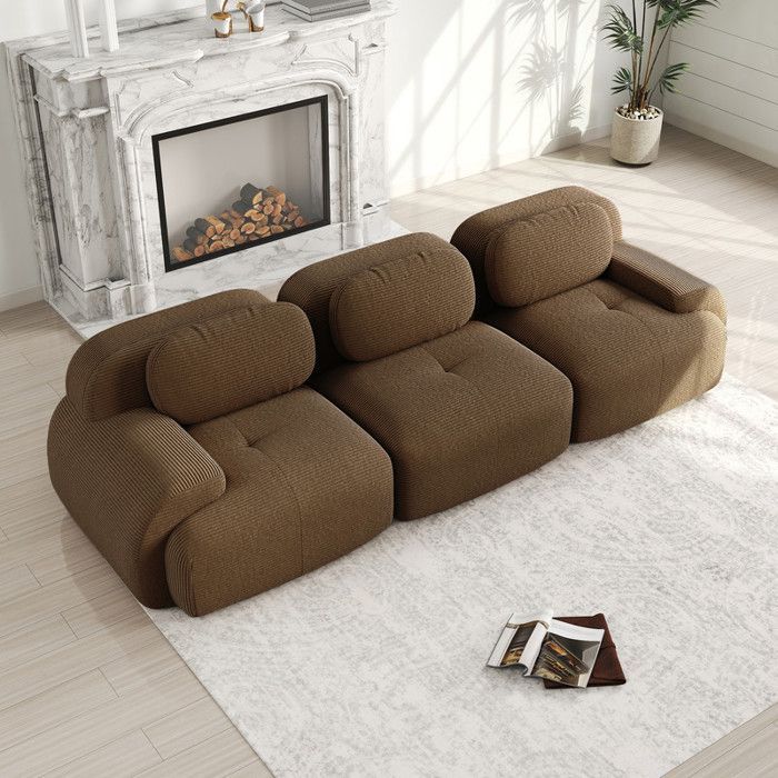 Sofá modular de 3 plazas en pana - 298x103x75 cm - Marrón - No requiere montaje - Reposabrazos ergonómicos