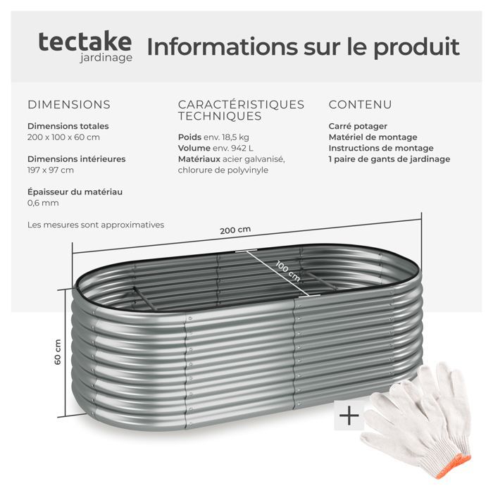 Planter - TECTAKE - FLORMMA 200x100x60cm raised garden bed in galvanized steel, 942L capacity, weather-resistant