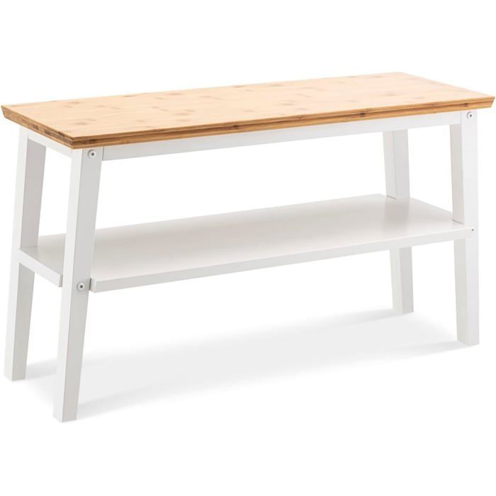 Étagère chaussures en bambou - SUTEO - Banc avec siège - Double étagère - 28x80x45 cm - Blanc - Supporte jusqu'à 90 kg