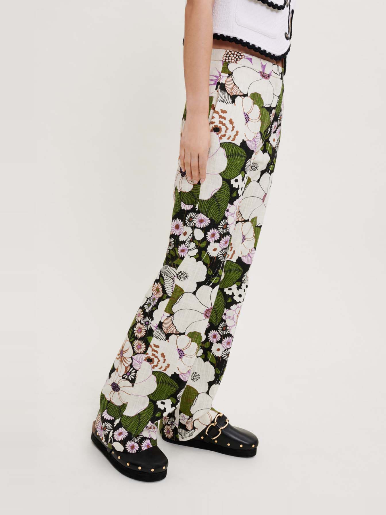Pantaloni cu imprimeu floral anii șaptezeci - Fleur 70's noir