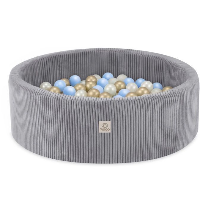 MISIOO Piscina di palline rotonda in velluto a coste per cameretta di neonati e bambini, grigia, 90x30 cm, 200 palline: Blu/Oro/Bianco perla