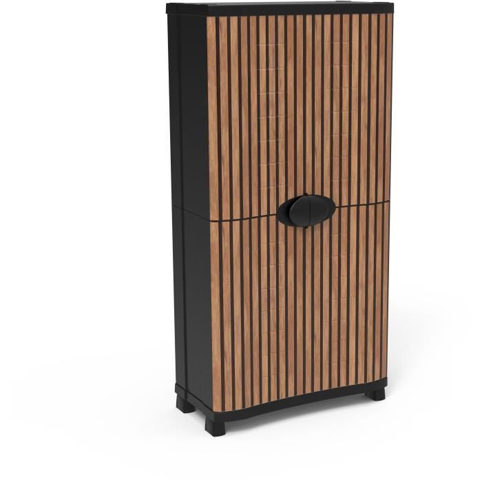 Schrank – PLASTIKEN – Platzsparend – 90 cm – 4 Einlegeböden – Schwarz/Holz
