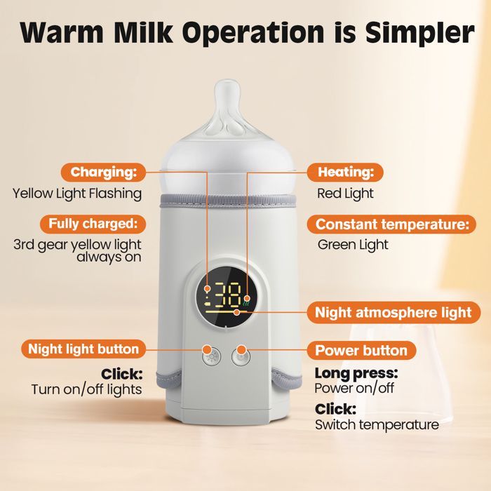 Chauffe Biberon Portable pour Bébé, Chauffe Biberon USB Sans Fil avec Ecran LED et Veilleuse, chauffage rapide, 8000 mAh,pour eau
