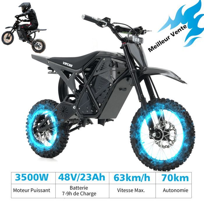 Moto Electrique 3500W Adulte VIPCOO H3 Moteur Central Frein à Disque hydraulique Double Suspension Noir
