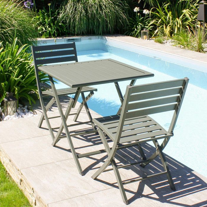 Ensemble repas de jardin 2 places en aluminium - Kaki