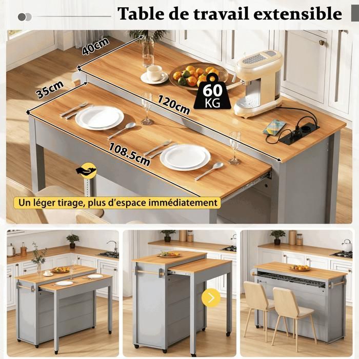 Isla de cocina móvil sobre ruedas: zona de comedor extensible, encimera, compartimento para cubos de basura (gris)